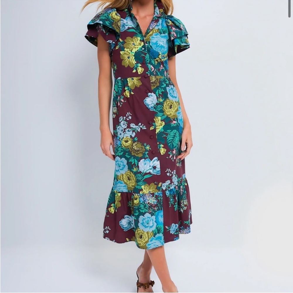 TUCKERNUCK Floral Midi Dress with Ruffle Sleeves - Burgundy Floral NWT (MSTR C)
